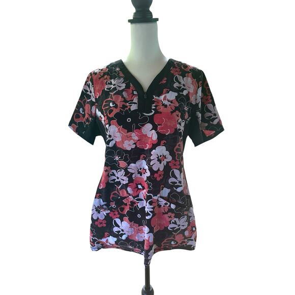 Premiere by Healing Hands Scrub Top Pink Black White Large - Picture 1 of 4